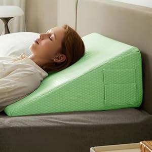 Bedluxe Wedge Pillow, 12 inch Bed Wedge Pillow for Headboard, Pillow Wedge for Acid Reflux Relief, Sleeping, After Surgery, Snoring, Gerd, Triangle Pillow Wedge - Cooling Memory Foam Top, Light Green