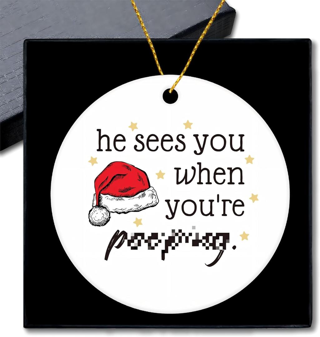 2 x Funny Ceramic Christmas Ornaments, Funny Christmas Tree Ornaments, Fun Xmas Gifts for Women Men, He Sees You When You're P Xmas Santa Cap Decorative Hanging Ornament for Tree Home