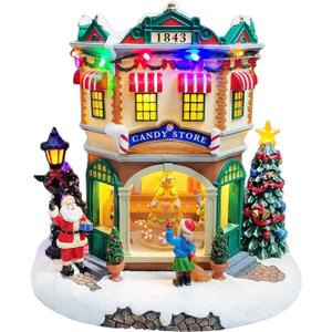 MOMENTS IN TIME LED Musical Candy Store 10.3 Light Up Christmas Village Scene Plays 8 Classic Songs Battery Operated Handcrafted Polyresin Holiday Dcor Gift
