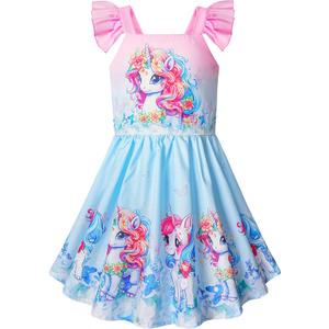 LQSZ Girls Dress Ruffled Sleeves Easter Summer Cartoon Princess Valentine Casual Style Dresses for Toddler Kids 2-12 Years (6-7 Years, A-unicorn-short)