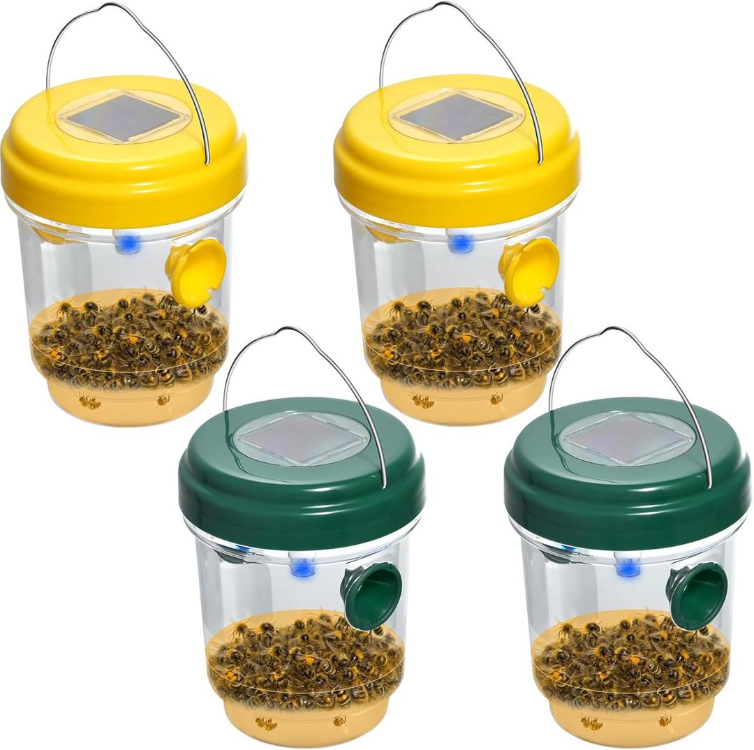 SPICA 4 Pack Wasp Traps Outdoor Hanging, Reusable, Solar Powered Bee Traps for Hornets, Bees, Yellow Jackets, Wasps with Led Light