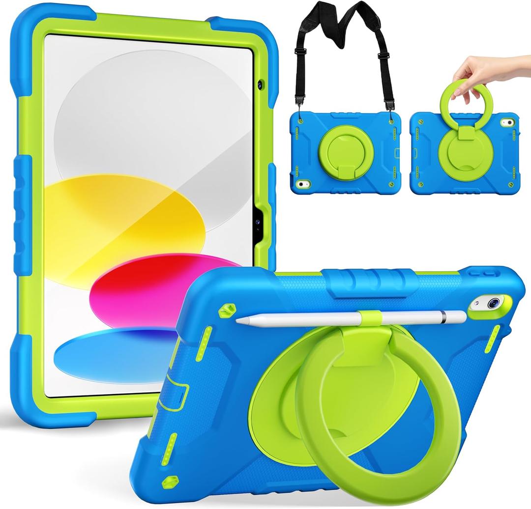 Case for iPad (A16) 11th Generation 11 inch 2025/10th Generation 10.9 inch 2022, Heavy Duty Shockproof Cover with 360 Rotating Handle/Bracket/Pen Holder/Shoulder Strap, Blue+Green