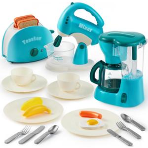 Joyin Play Kitchen Toys, Pretend Play Food Kitchen Accessories GirlsToy with Coffee Maker, Mixer, Toaster with Realistic Lights& Sounds, Birthday Gift for Kids Ages 2 3 4 5, Blue