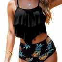 Womens Tankini Swimsuits Ruffled Tank Top Tummy Control Floral Modest Swimwear High Waisted Bikini (Small, Black Pineapple)