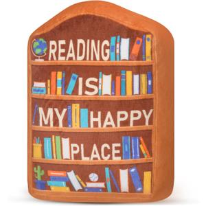 Thyle Book Lovers Gifts Plush, Bookshelf Plushie Book Buddy for Bookish Lovers, Reading is My Happy Place Bookshelf Plush Pillow Valentines Day Gifts for Reading Lover Bookish