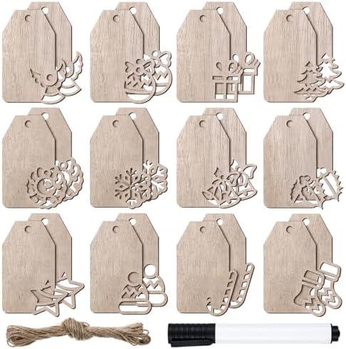 26 Pcs Christmas Wooden Name Tags Unfinished Xmas Wooden Gift Tags with String Blank Hanging Predrilled Wood Circles Art Crafts Gift for DIY Christmas Winter Party Decor Favor
