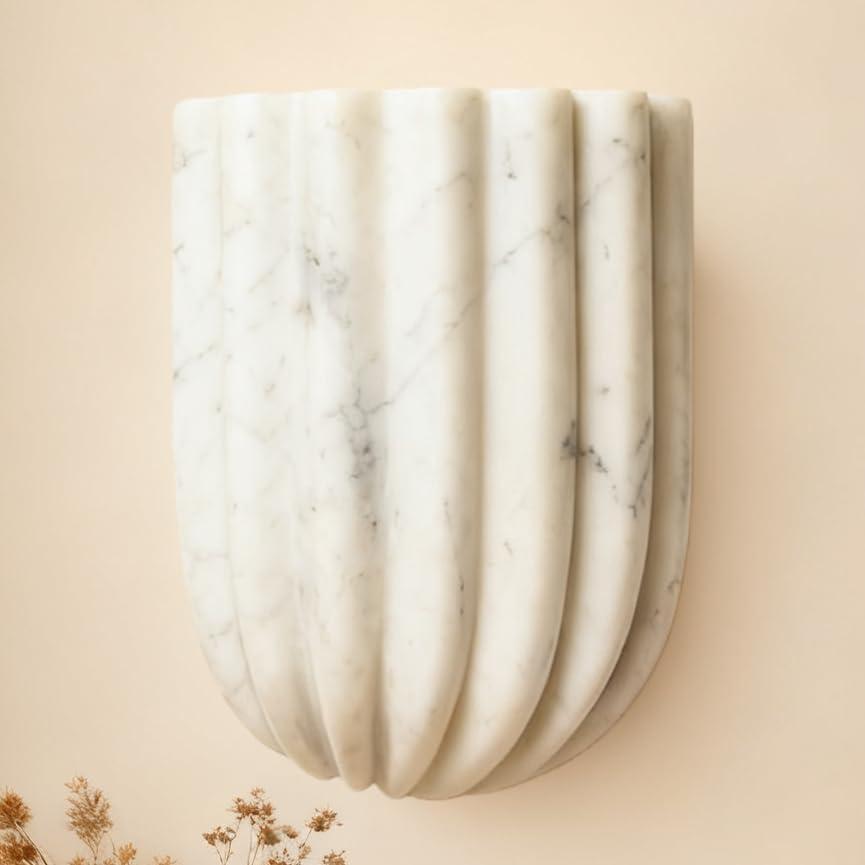 7.5" Fluted White Imitation Marble Wall Lamp, Modern Wall Sconce Mini Wall Light with Half-Cylinder Desgin, Scandinavian Wall Mounted Light for Hallway, Bedroom, Corridor, Stairs, Living Room