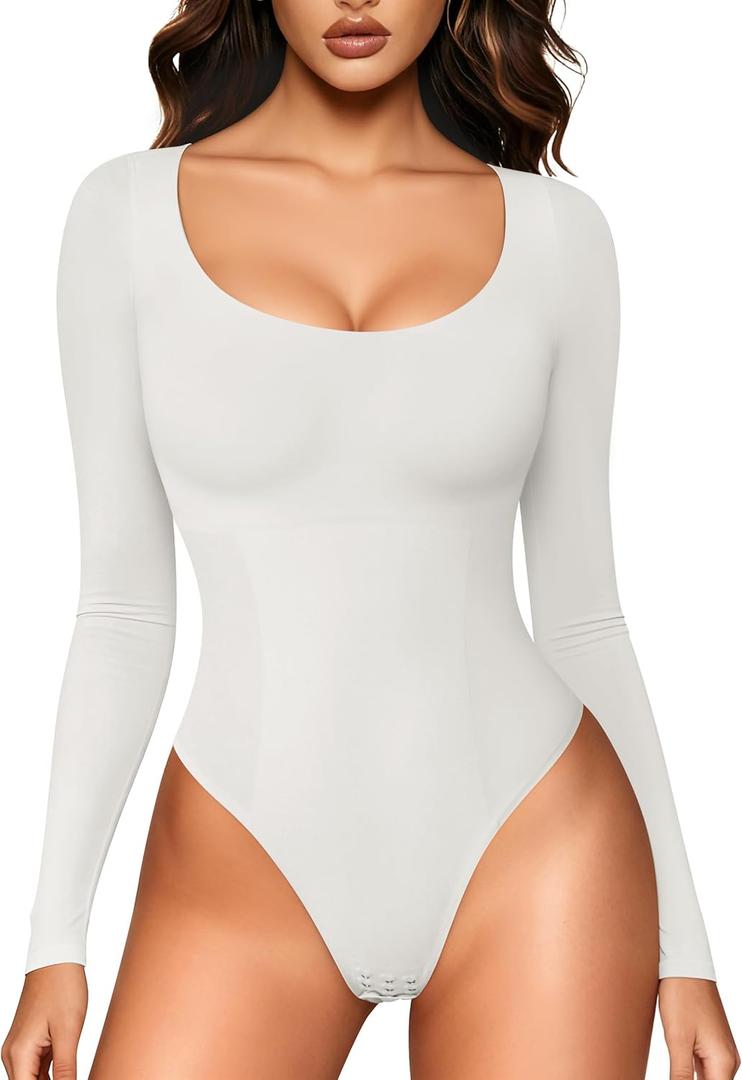 LODAY Long Sleeve Bodysuits for Women Scoop Neck Body Suits Light Compression (Medium, White)