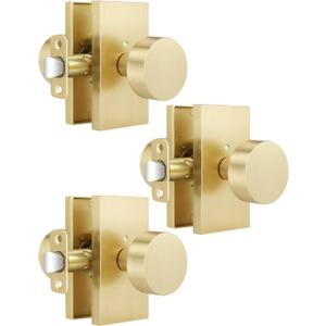 EHOMEWARE 3 Pack Interior Door Knobs, Bed and Bath Door Knobs, Privacy Door Knob with Lock, Gold Door Handle Without Key, Reversible for Left/Right Doors, Rectangular Base & Gold Door Knob Combo