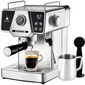 GIANNA Espresso Machine 20 Bar, Compact Espresso Maker with Steam Milk Frother, Stainless Steel Coffee Machine with 60oz Removable Water Tank for Cappuccino, Latte, Silver