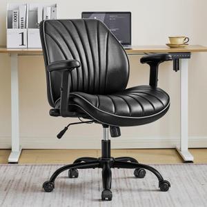 YFO Home Office Desk Chair, Adjustable Armrests PU Ergonomic Chair, Black, Small