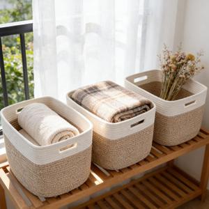 3 Pack Woven Rope Storage Baskets for Shelves,13.5"11"9.5" Storage Bins with Handles,Empty Gift Baskets,Nursery Organizer for Toys,Towels,Books,Closet,Living Room,Bedroom (White & Brown)