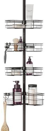 Zenna Home Tension Pole Shower Caddy Corner Organizer, Adjustable Standing Shower Caddy with 4 L-shaped Baskets and Hooks, Rust Resistant Bathroom Tension Rod Organizer, 60 to 97 Inch, Bronze