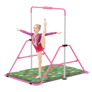 Jivifao Gymnastics Bar with Self-Inflating Mat for Kids, Adjustable Height Gymnastic Horizontal Bars with Mat, Folding Gymnastic Training Monkey Bars, Junior Expandable Training Kip Bar for Home