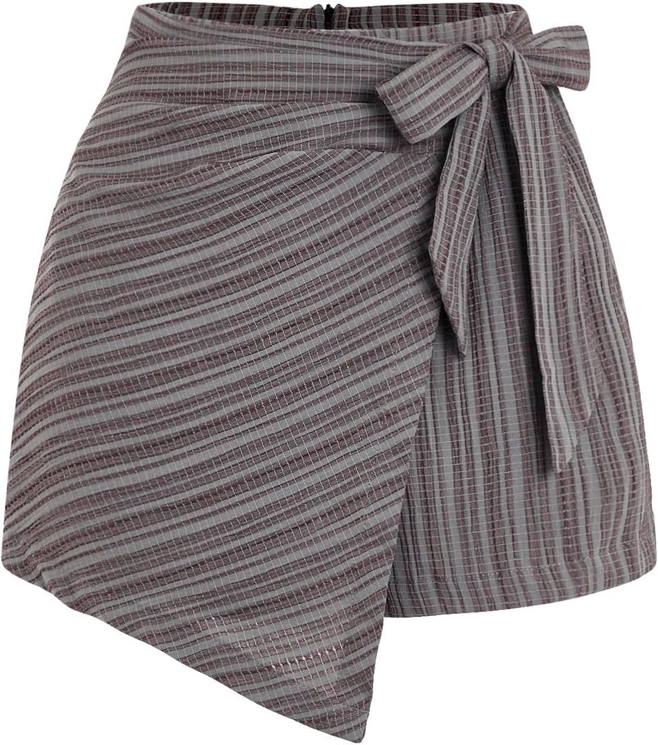 WDIRARA Women's Summer Mini Wrap Shorts Knot High Waist Belted Skorts Zipper Casual Loose Skirt (Multicolor Coffee)