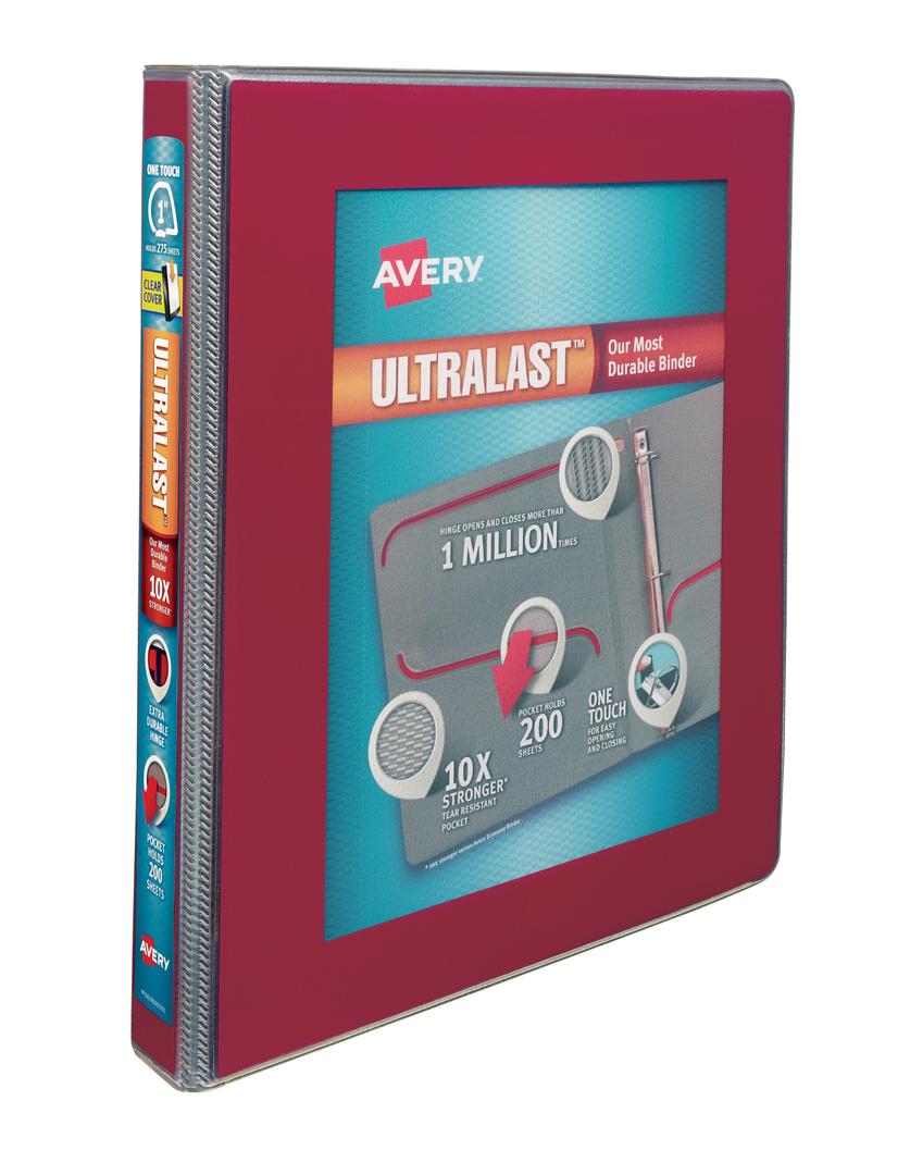 Avery® Ultralast® Binder, 1" One-Touch Slant Rings, 275-Sheet Capacity, Red (79736)