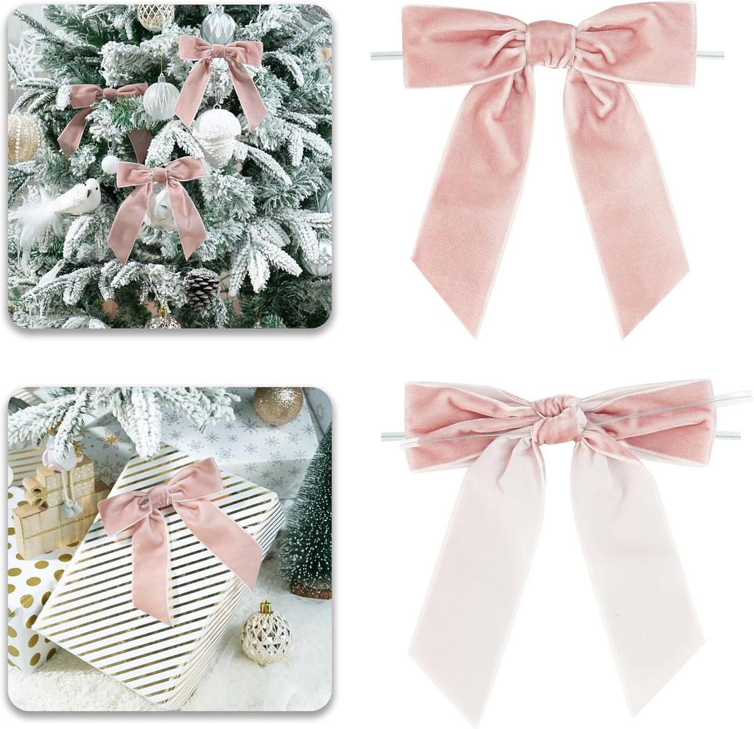 Dusty Rose Velvet Ribbon Christmas Bow 5 Inch Premade Dusty Pink Bows for Christmas Tree Hanging Decorations Gift Wrapping Wreaths Crafts Outdoor Indoor Home Decor Wedding, Pack of 12