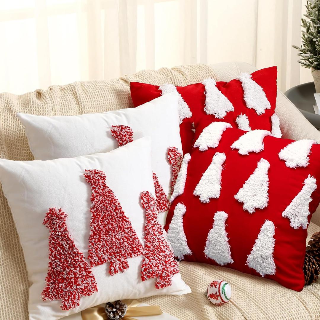 HunnmingRe Set of 4 Red and White Christmas Pillow Covers 18x18 Inch Tufted Embroidered Pine Tree Throw Pillows Cover Farmhouse Winter Holiday Cushion Case for Sofa Couch Bed Room Home Decorations