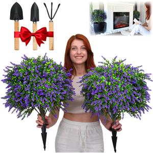 Artificial Boxwood Topiary Balls with Lavender  24" Set of 2 Faux Shrub Bushes, Evergreen Trees with Ground Spike & Garden Tools  UV Resistant Faux Plants for Outdoor Planters, Porch & Front Door