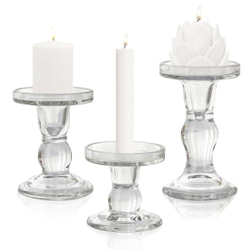 Glass Candle Holders, 3 Pieces Crystal Clear Candlesticks with Elegant Design for Pillar Taper Candle and Tea Light