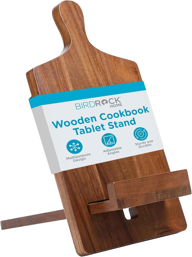 BIRDROCK HOME Wooden Cookbook Tablet Stand for Kitchen Counter | Acacia Wood Recipe Holder | Multi-Purpose Decorative Bookstand | Ipad, Bible | Tabletop Display w/Cord Hole | Easy Assembly - Brown