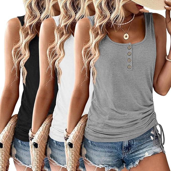 Womens Tank Tops 2025 3 Pack Summer Tank Tops for Women Casual Sleeveless U Neck Henley Top Shirts Trendy (Large, Black /White/Grey)