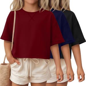 3 Pack Girls Short Sleeve Oversized Tops | Loose Fit, Crop Shirts, Cute, Rolled Sleeve, Crewneck, Round Neck, Summer, Baggy, Casual Tees, Solid, Plain, Versatile