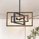 Black Chandelier, 3-Light Farmhouse Rectangular Ceiling Lighting Fixtures, 16" Faux-Wood Metal Pendant Light Height Adjustable for Foyer, Entryway, Kitchen, Dining Room (16" Walnut-Like)