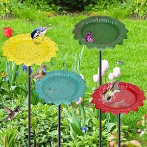 4 PCS Metal Bird Baths for Outdoors, Small Garden Bird Bath with Metal Stake, Hummingbird Feeder for Yard Lawn Decoration (4P-Red Yellow Blue Green)