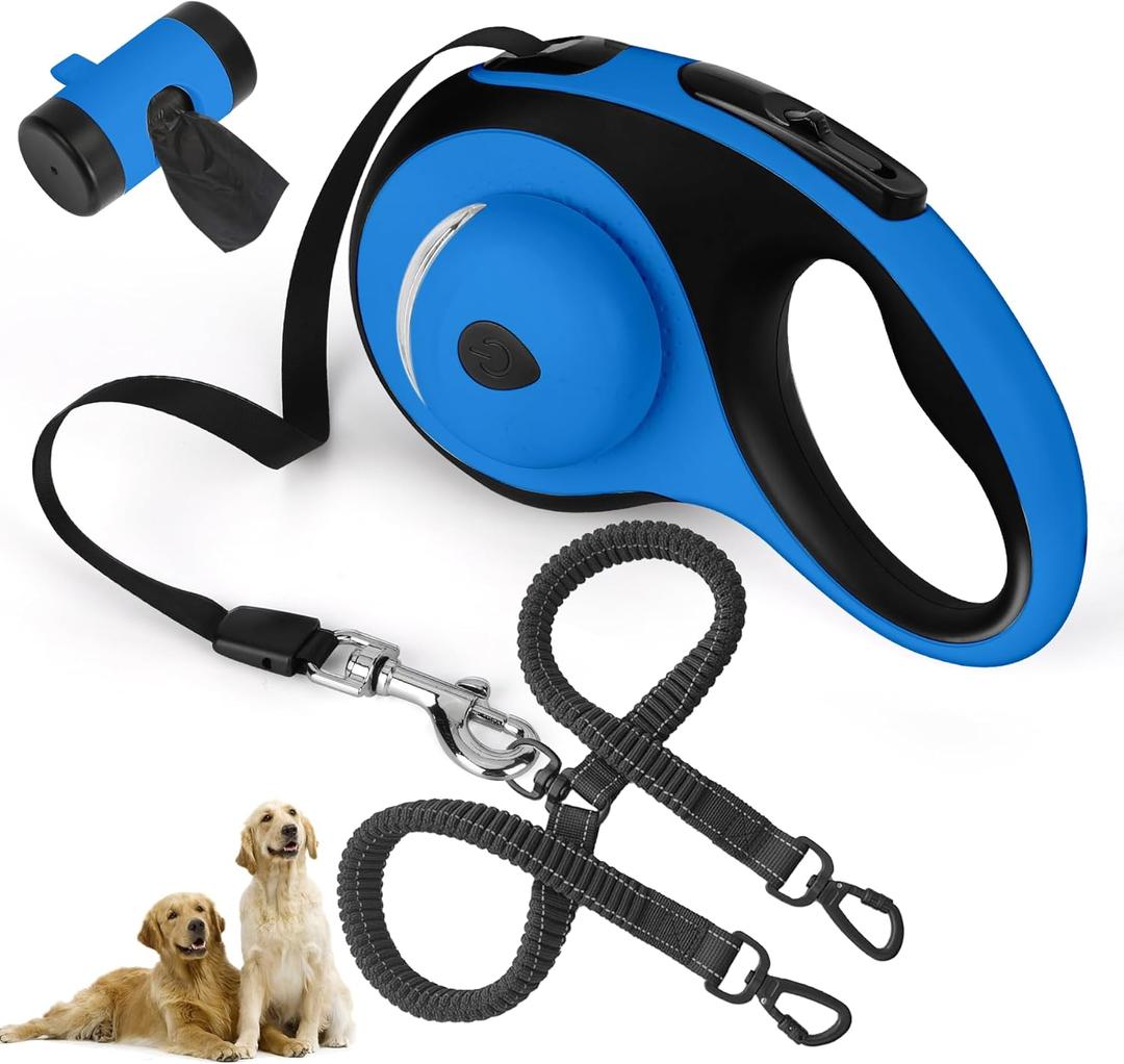 Dual Retractable Dog Leash for 2 Large Dogs (Up to 110LBS Each) - Double Headed Pet Leash with Poop Bags and LED Light, One Button Brake & Lock, 360 Tangle-Free (Blue, Large)