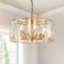 Siljoy 19.6" Gold Glass Drum Chandelier, 5-Light Round Chandeliers for Dining Room, Modern Adjustable Glass Hanging Pendant Light Fixture, Crystal Gold Chandelier for Bedroom, Kitchen, Closet, Foyer