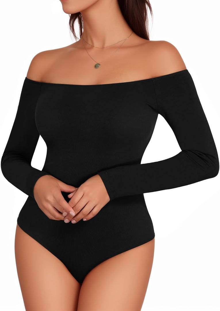 MANGOPOP Women's Off The Shoulder Long Sleeve Short Sleeve Bodysuit Sexy Backless Body Suit Tops (Large)