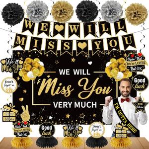 Retirement Party Decorations Supplies for Men Women, 45PCS Black Gold Farewell Decorations, We Will Miss You Banner Backdrop Table Toppers Hanging swirls Pompoms Going Away Party Decorations