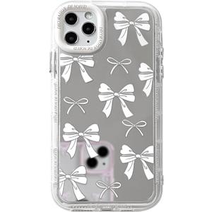NITITOP Compatible with iPhone 11 Pro Max Case Mirror Cute Silk Ribbon Bow Knot Pattern for Girls Women Bowknot Ultra Slim with Bumper Protector Soft TPU Silver Protective Cover - White