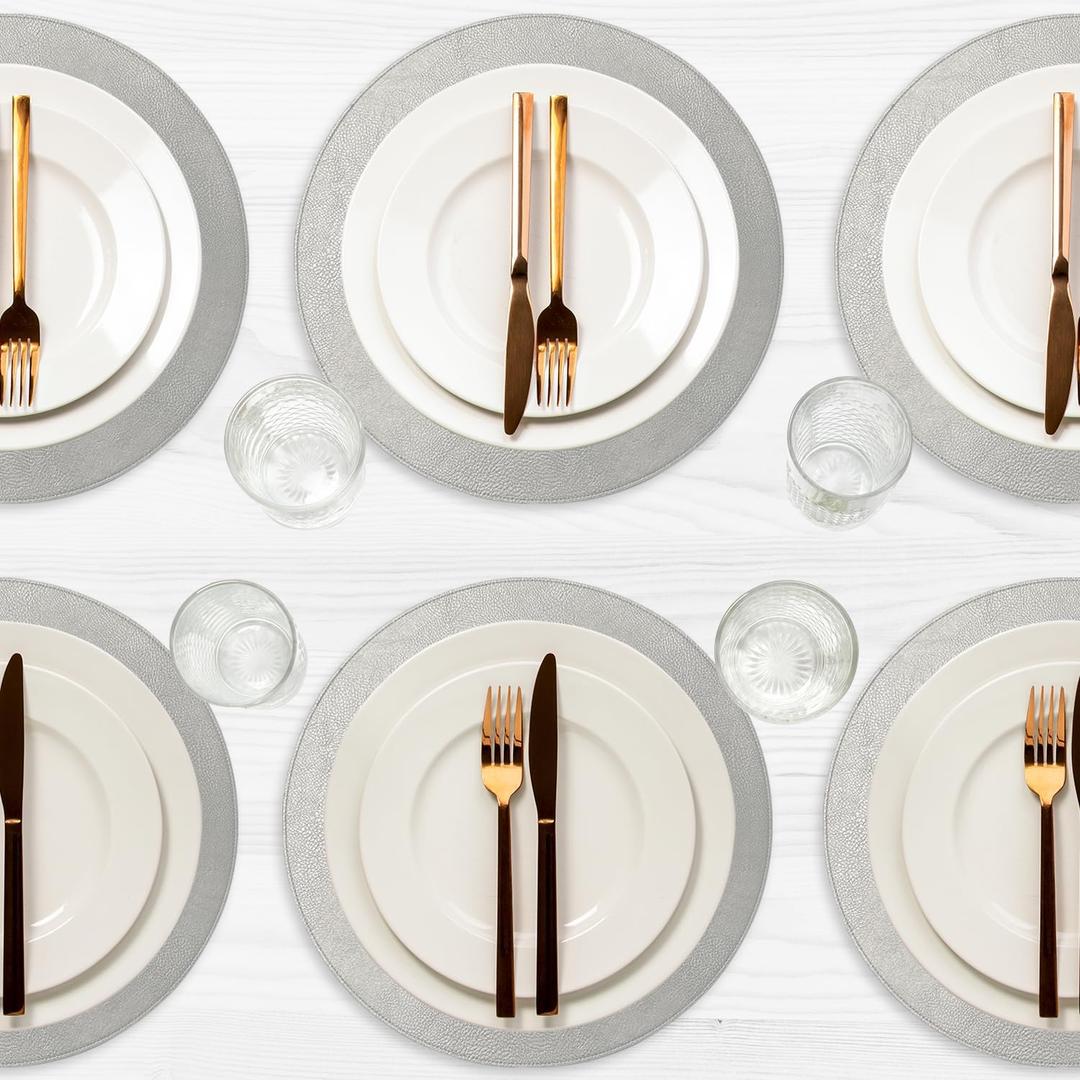 Placemats Set of 6  Round 15 Faux Leather Table Mats for Dining, Heat Resistant & Non-Slip Washable Table, Indoor, Outdoor, Dining Table Set for 6, Modern Kitchen & Holiday Use, Silver