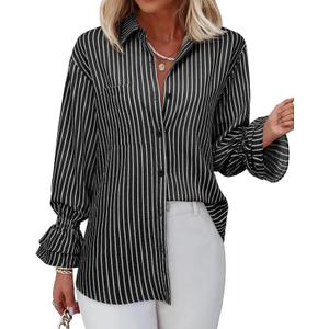 Women's Striped Button Down Shirt Smocked Cuffed Boyfriend Blouse Ruffle Sleeve Casual Tunic Tops with Pockets (Large, Black Stripe)