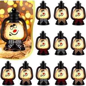 ROCEEI 12 Pcs Christmas Mini Snowman Lanterns Decorative with Flickering LED Candles Buffalo Plaid Bow Small Winter Portable Tabletop Centerpiece for Xmas Tree Indoor Outdoor Party Decor (Black)