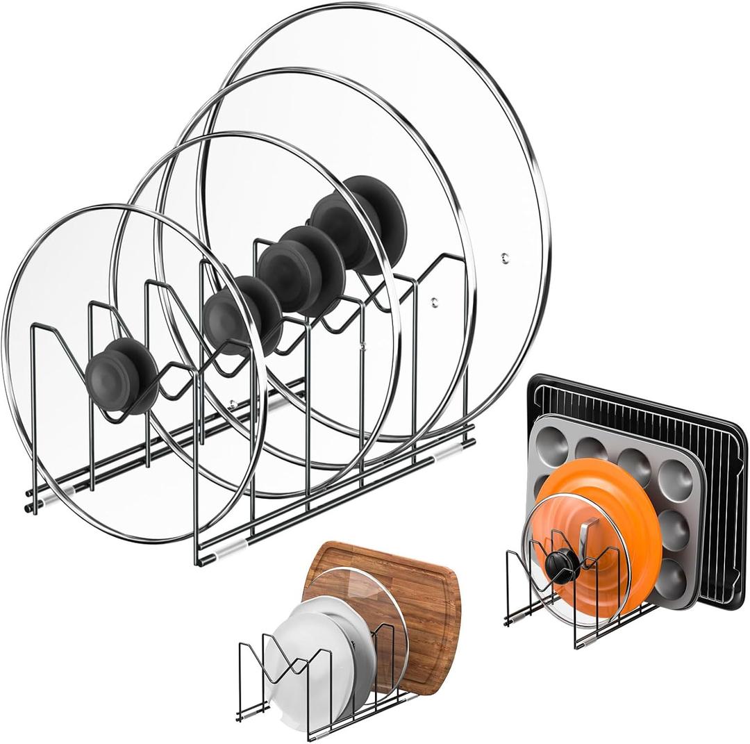 3 Pack Pot Lid Organizer for Cabinet, Stainless Steel Pot Lid Rack with Anti-slip Pad, Lid Holder for Pans Pots, Bakeware, Plates, Cookie Sheets, Trays, Dish, Cutting Boards, Classic Black