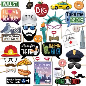 New York Photo Booth Props - 41-pc Photo Booth Kit with 8 x 10-Inch Sign, 60 Adhesive Pads, 45 Sticks - NYC Props - New York Theme Decorations - Cityscape Photo Props