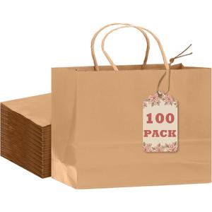 Qiqee 13"x4.5"x10" Large Gift Bag with Handles Bulk 100PCS Gift Paper Bags Brown Bags Multiple Uses (Wide Large)