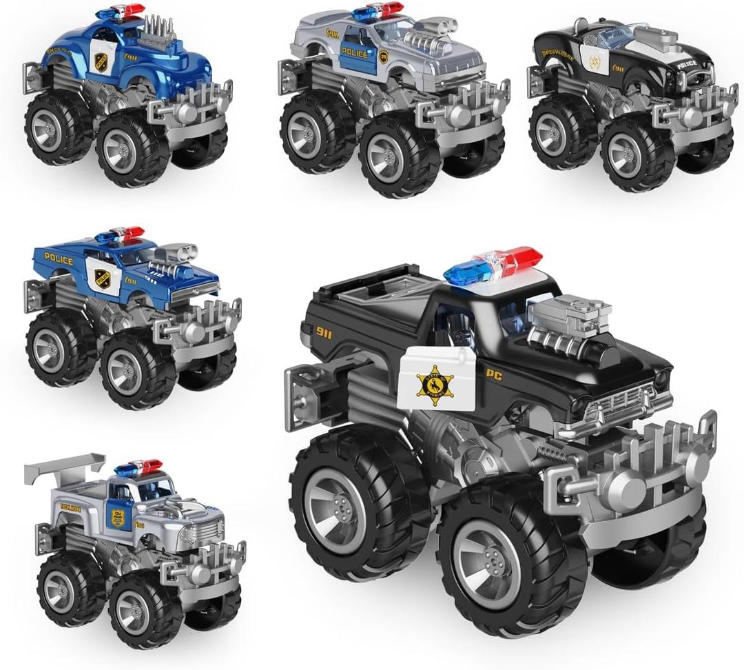 CheerfulToys Monster Truck Toys Police Car 6 Pack DIY Metal Pull Back Car with Giant Wheels Party Favor Vehicle Toy for Kids Boys Girls Ages 3+