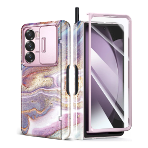 GVIEWIN for Samsung Galaxy Z Fold 6 Case with S Pen Holder, [Slide Camera Cover & Screen Protector], Rugged Hinge Protection Shockproof Protective Marble Phone Case for Z Fold 6 (Flowing Sakura/ Pink)