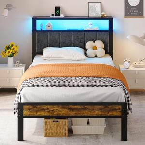 Liians Twin Size Platform Bed Frame with LED Lights, Grey Upholstered Headboard with 2-Tier Storage Shelves, Charging Station, Noise Free, No Box Spring Needed, Easy Assemably