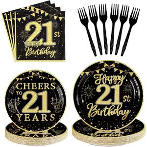 96 Pcs 21st Birthday Party Supplies 350 GSM Black and Gold Happy 21st Birthday Plates and Napkins Disposable Cheers to 21 Years Paper Tableware Set 21st Birthday Decorations for Him Men Serves 24