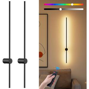 NIORSUN 40 Inch Battery Operated Wall Sconce Set of 2,Black Minimalist Rechargeable LED Wall Lights with Remote, 18 Colors Dimmable Wireless Wall Lamp for Living Room Bedroom Hallway