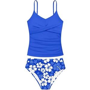 Aulyffo Girls Swimsuit 2 Piece Bathing Suit Criss Cross Ruched Girl Tankini Sets Printed Girls' Swimwear for 13-14 Years