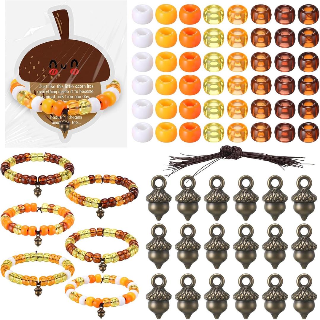 Tondiamo 36 Set Thanksgiving Bracelet Kit Fall Bracelet Crafts Kit Thanksgiving Acorns Shaped Beads and Card with Jute Twine for Jewelry Making Fall Classroom DIY Games Activities Prizes