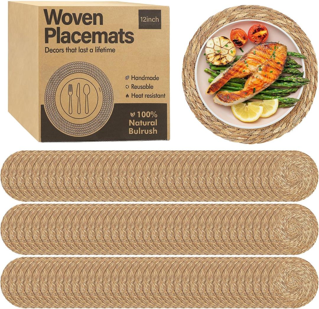 Elcoho 80 Pieces Round Woven Placemats 12 Inch Boho Rattan Placemats