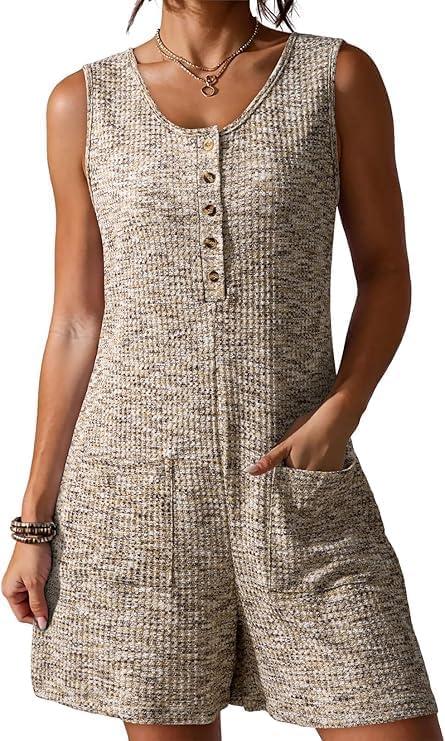 Women Casual Rompers Loose Waffle Knit Overalls One Piece Sleeveless Wide Leg Short Pant Jumpsuits With Pockets, Medium