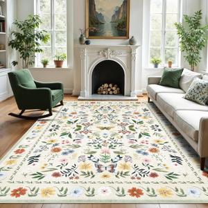 GarveeHome Floral Rug 5x7 Vintage Washable Non-Slip Living Room Carpet Soft Low Pile Thin Bedroom Floor Mat Indoor for Dining Room Playroom Nursery Farmhouse (Beige)